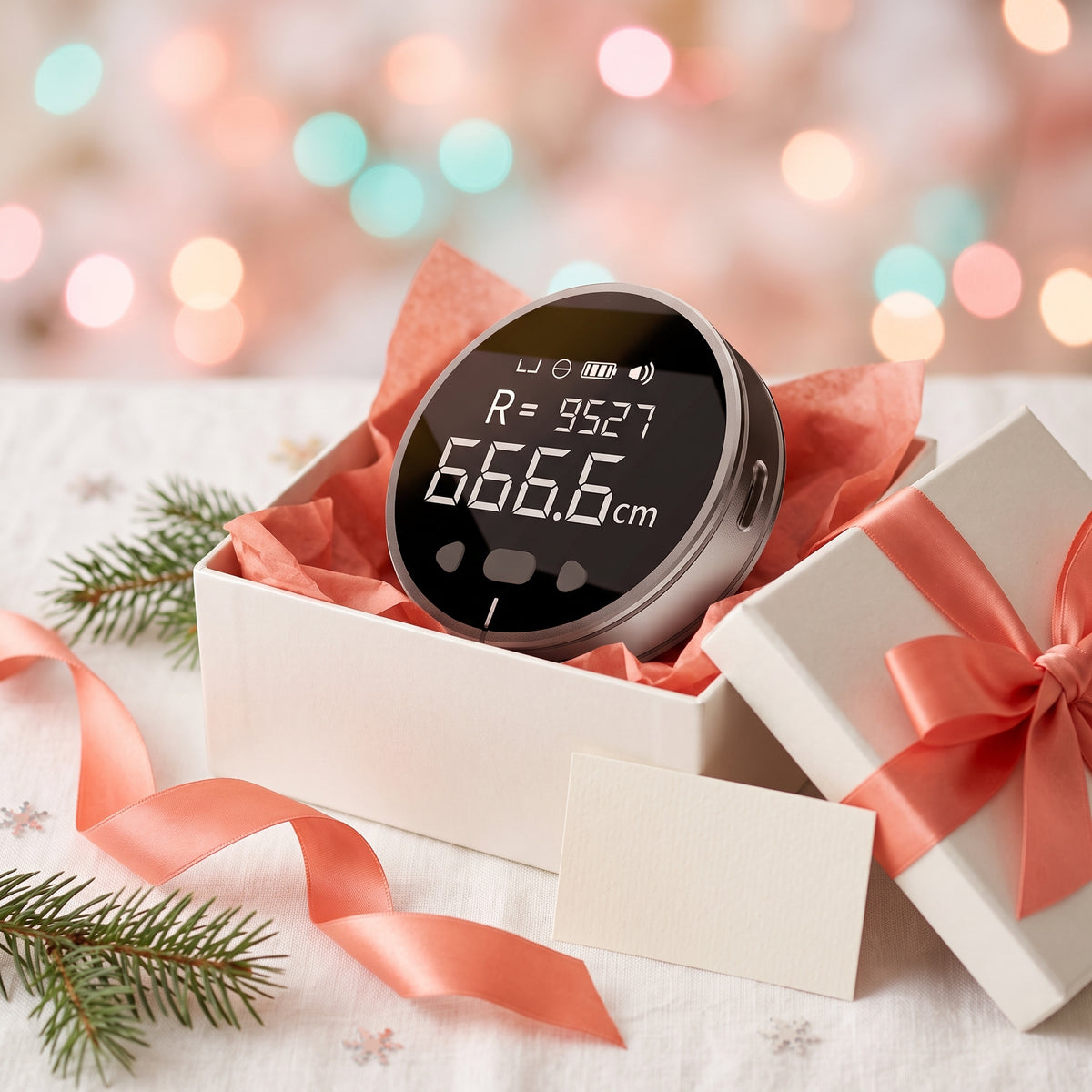 The Pocket Measure in an open gift box with a coral ribbon