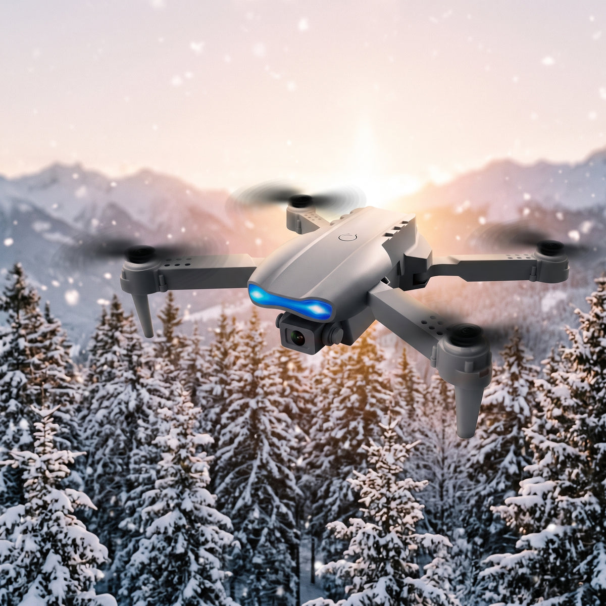 Skyline drone flying over snowy pine trees at sunset