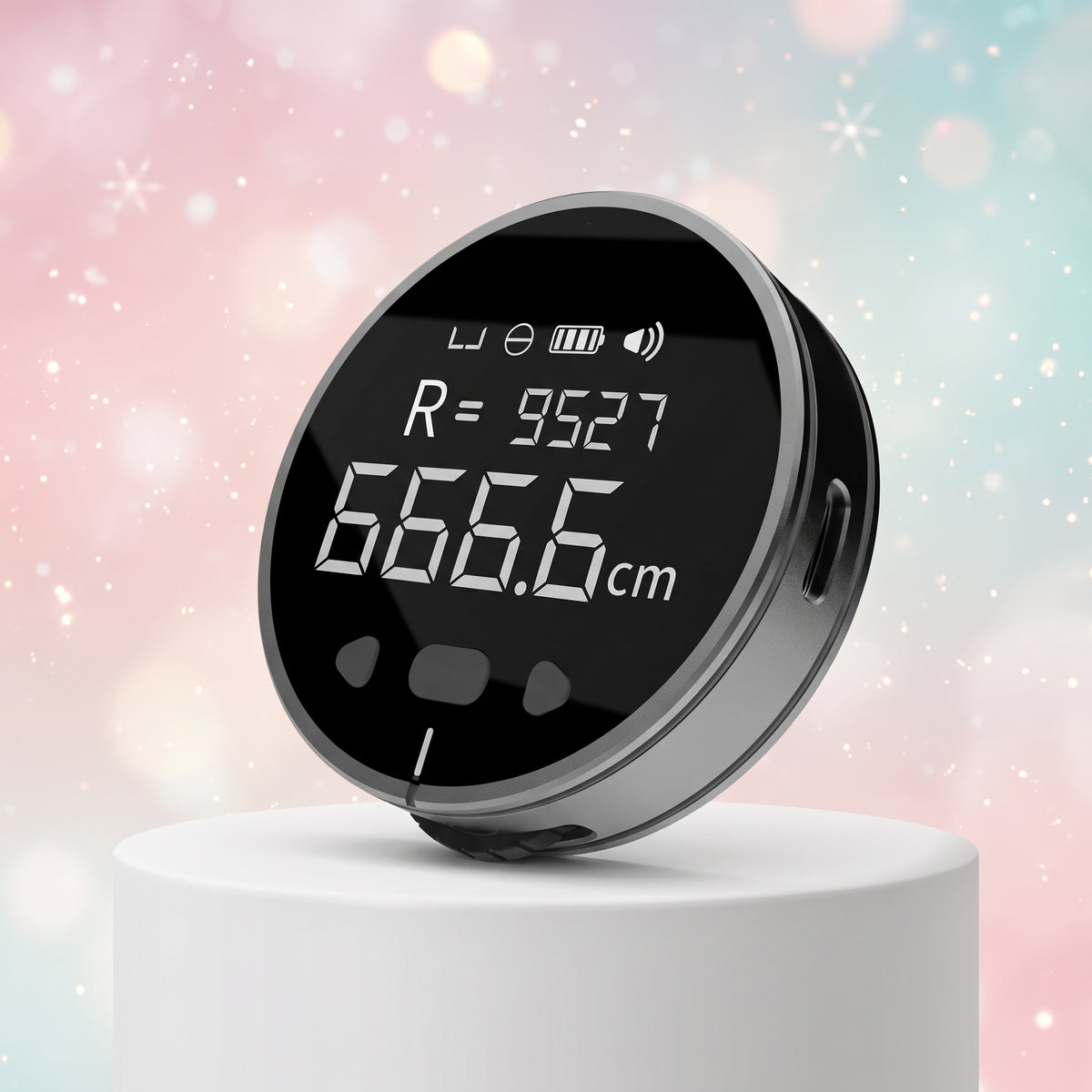 The Pocket Measure, a round digital measuring wheel with a large display