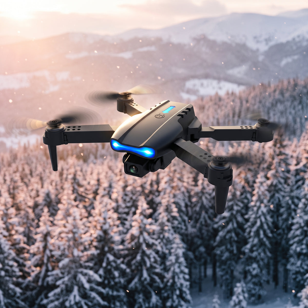 Skyline drone filming a snowy forest from above
