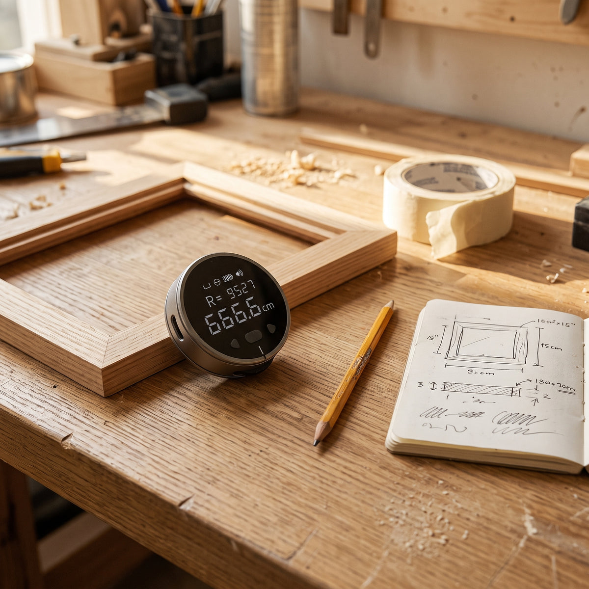 The Pocket Measure on a workbench next to a picture frame and a pencil