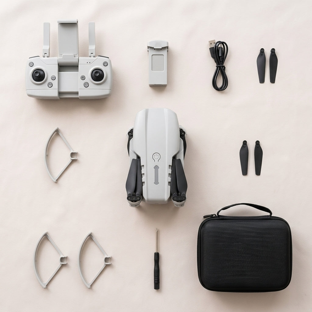 White Skyline drone kit laid out with remote, guards and carry case