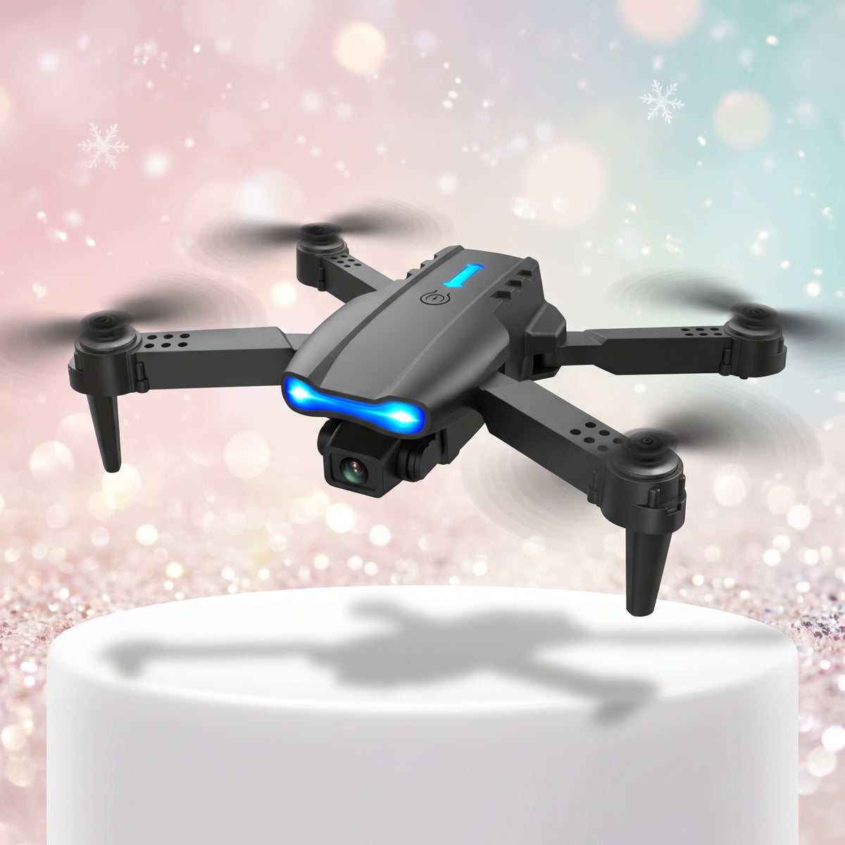 Black Skyline camera drone hovering with blue front lights
