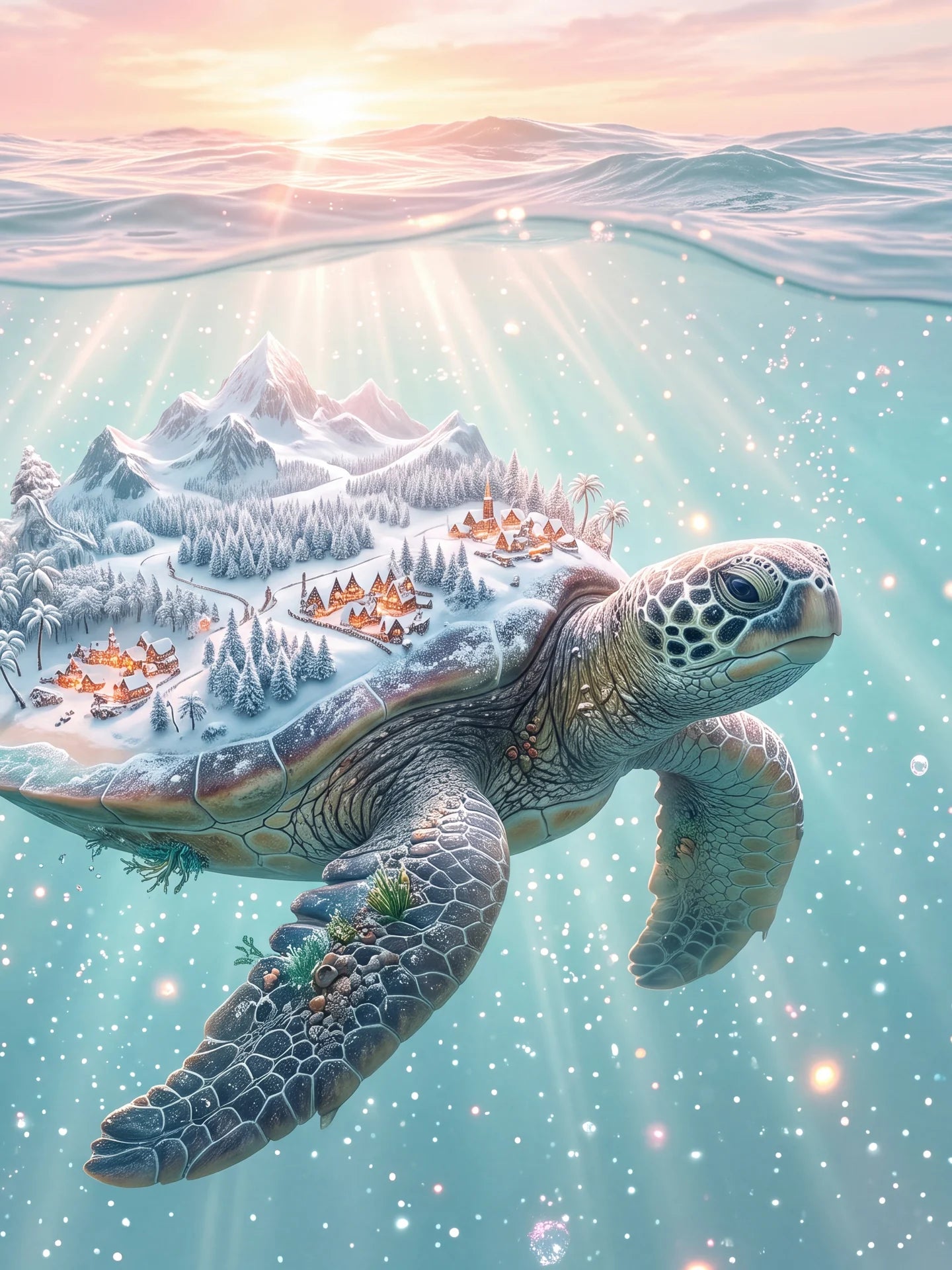 A sea turtle swimming through calm turquoise water with a snowy island on its shell