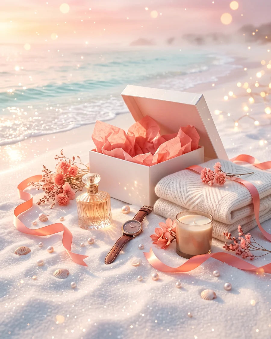 Open gift box with perfume, a leather watch, a candle and folded knits on a sparkling beach
