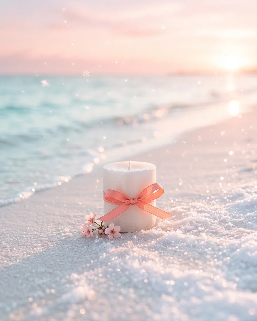 White pillar candle tied with a coral ribbon on a snowy beach at sunset
