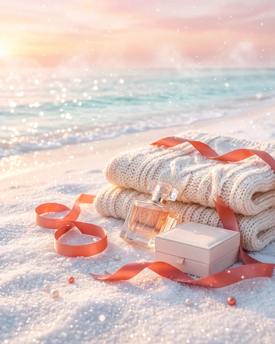Perfume bottle, pearl jewellery box and a cream knit with coral ribbon on glittering sand