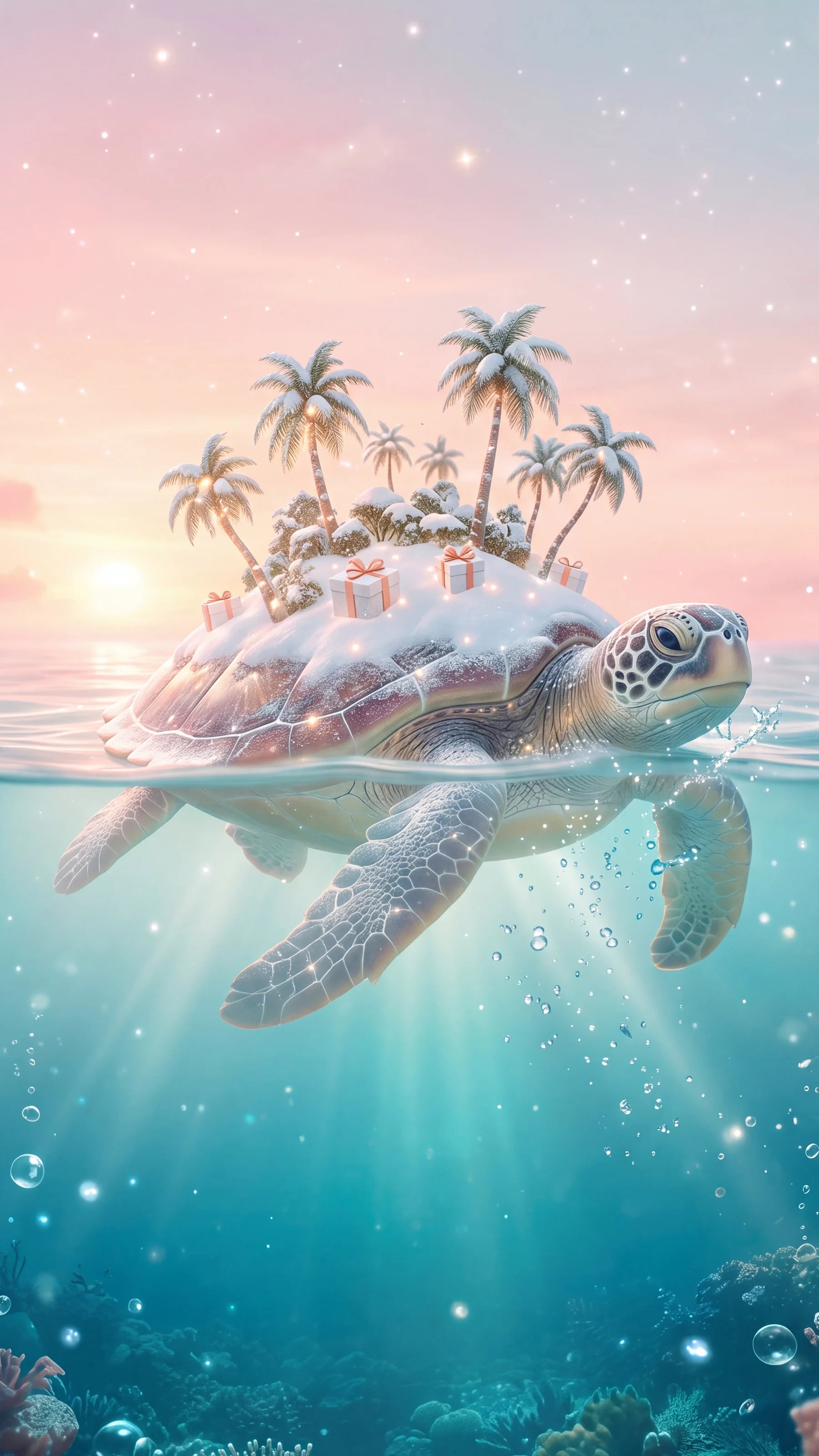 A sea turtle carrying a snowy island with palm trees and gifts across a pastel sea